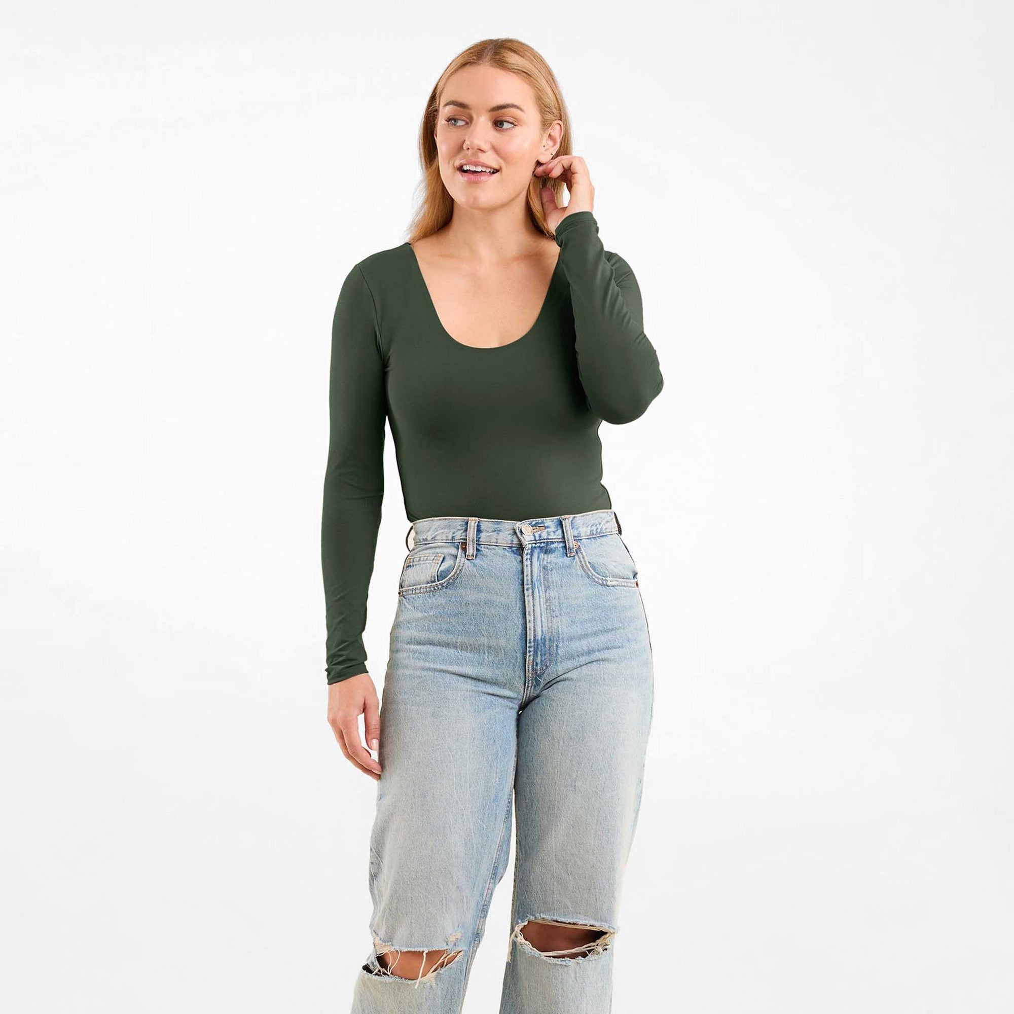 Long Sleeve Scoop Neck Bodysuit | Evergreen