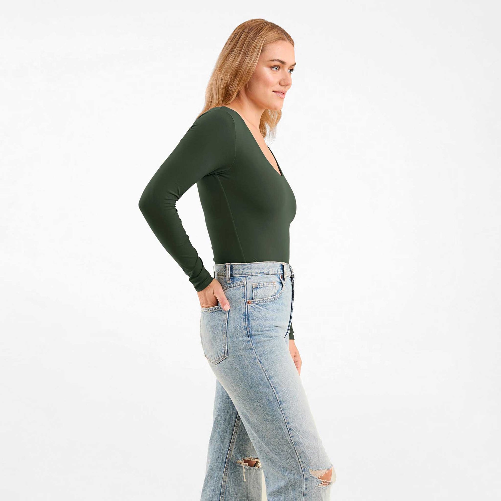 Long Sleeve Scoop Neck Bodysuit | Evergreen