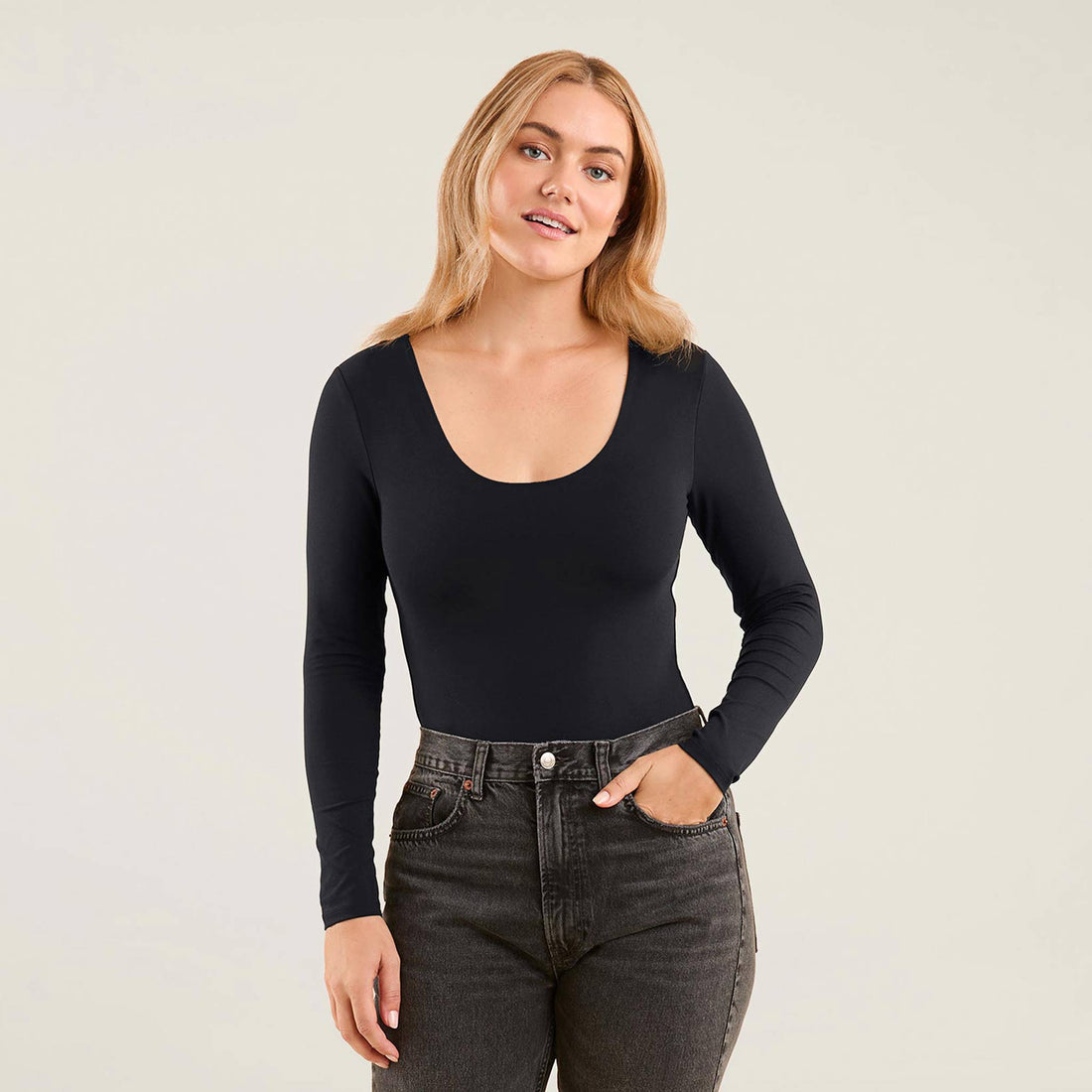 Long Sleeve Scoop Neck Bodysuit | Black