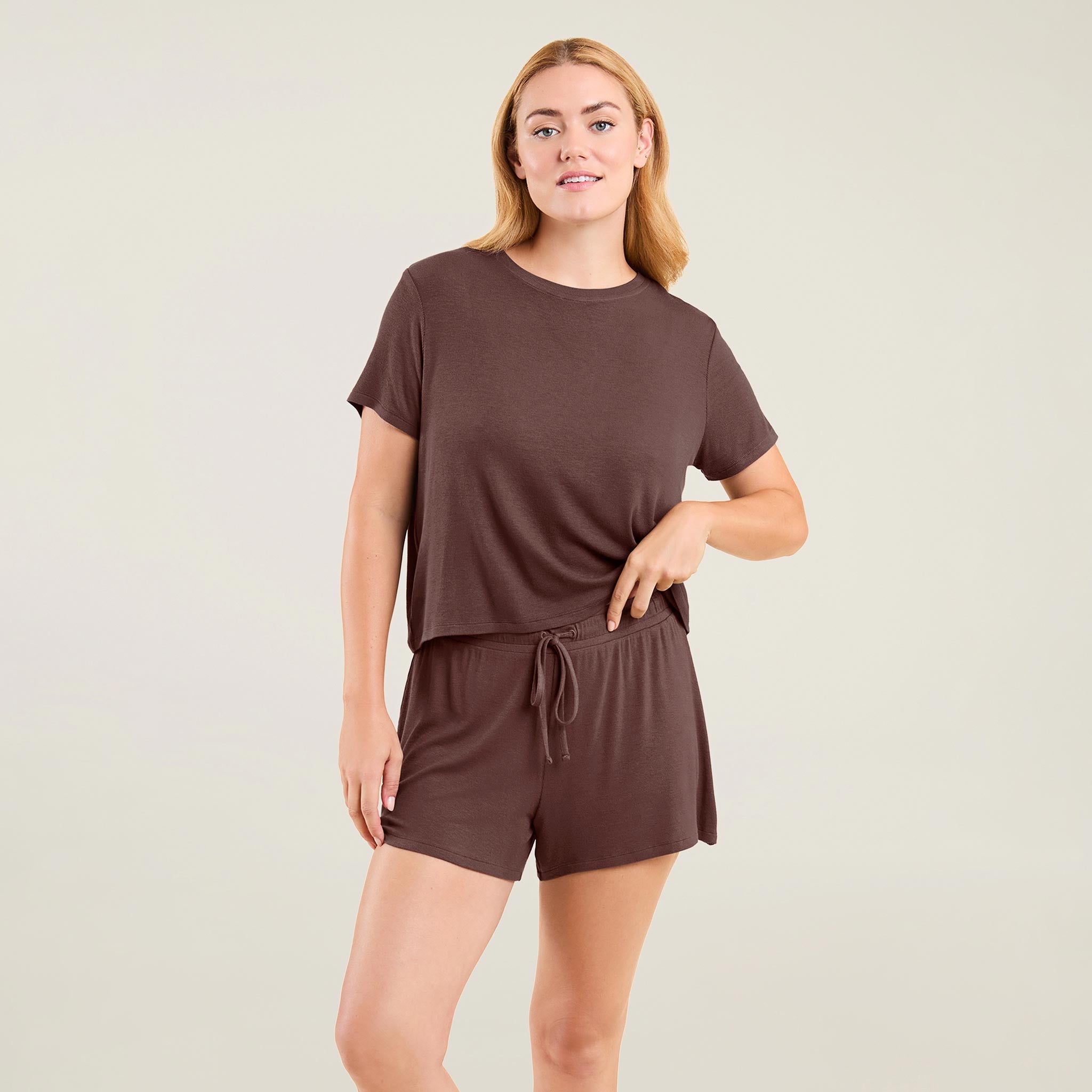 Ribbed Pajama Shorts Set Coffee