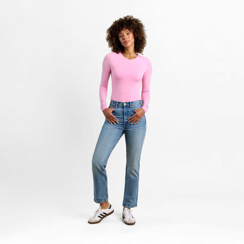 Cotton Stretch Long Sleeve Crewneck Bodysuit | Bubblegum Pink