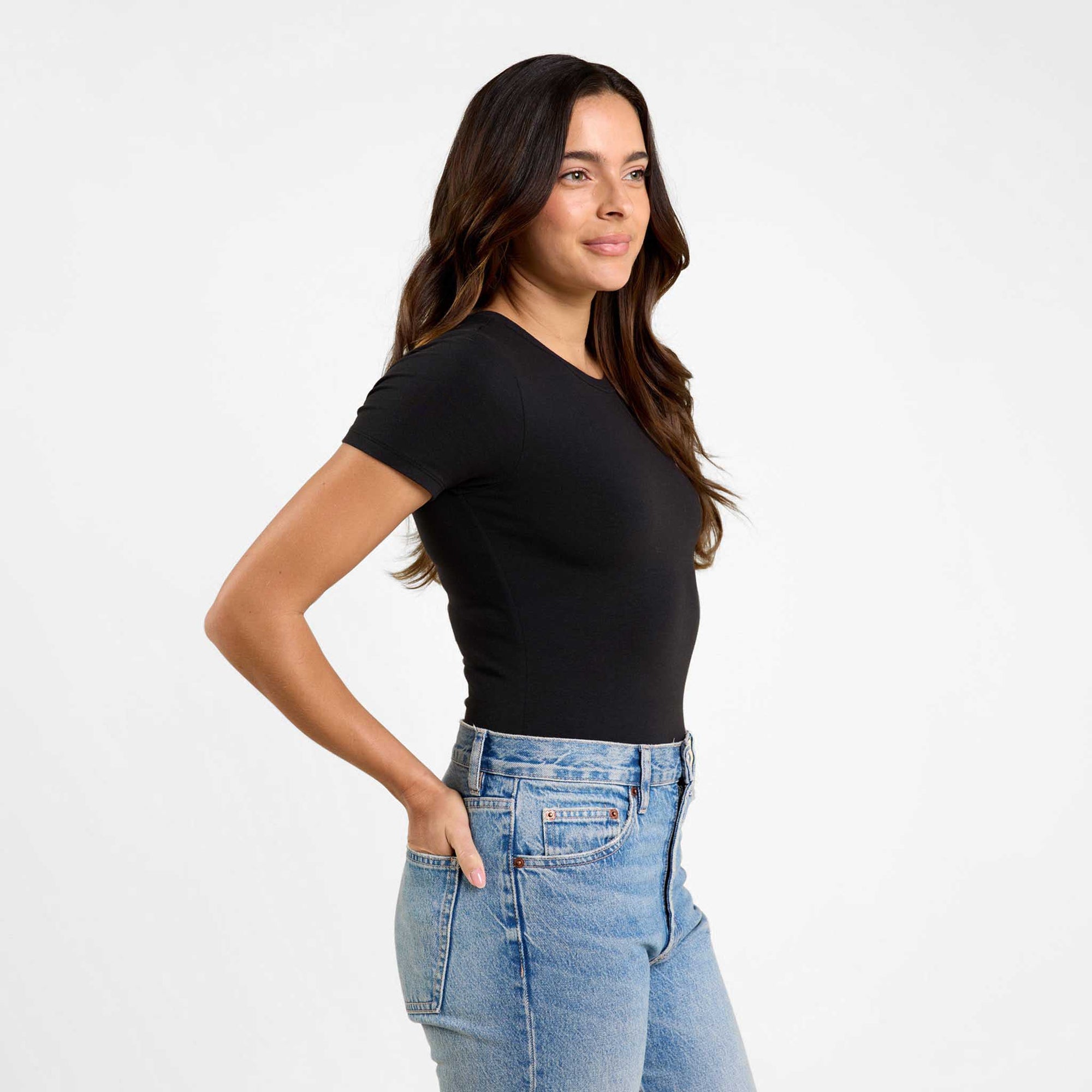 Cotton Stretch Short Sleeve Crewneck Bodysuit | Black