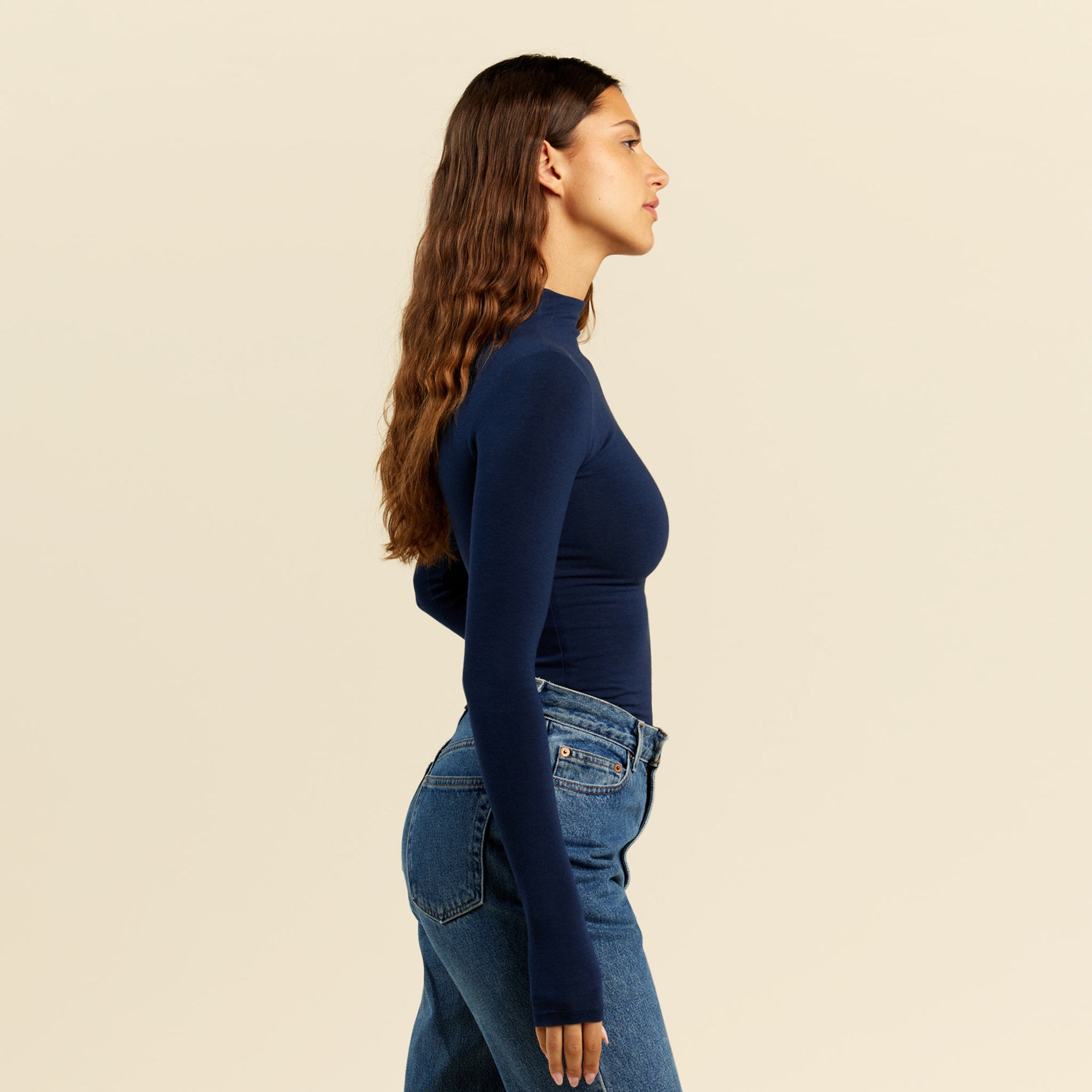 Cotton Stretch Long Sleeve Mock Neck Shirt | Navy