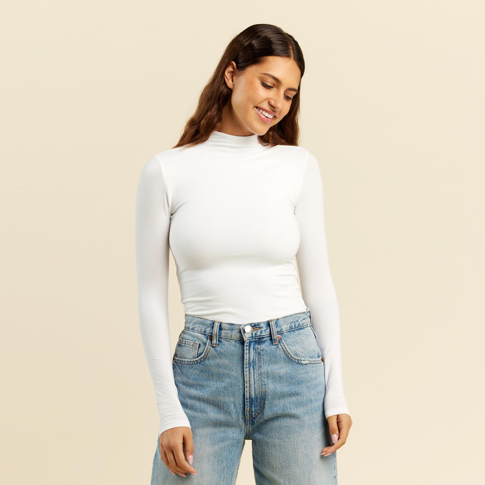 Cotton Stretch Long Sleeve Mock Neck Shirt | White