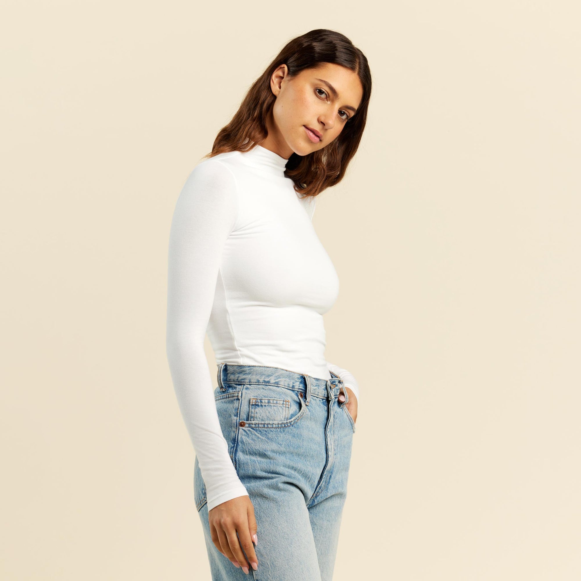 Cotton Stretch Long Sleeve Mock Neck Shirt | White