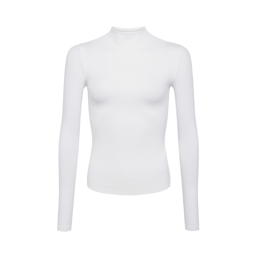 Cotton Stretch Long Sleeve Mock Neck Shirt | White