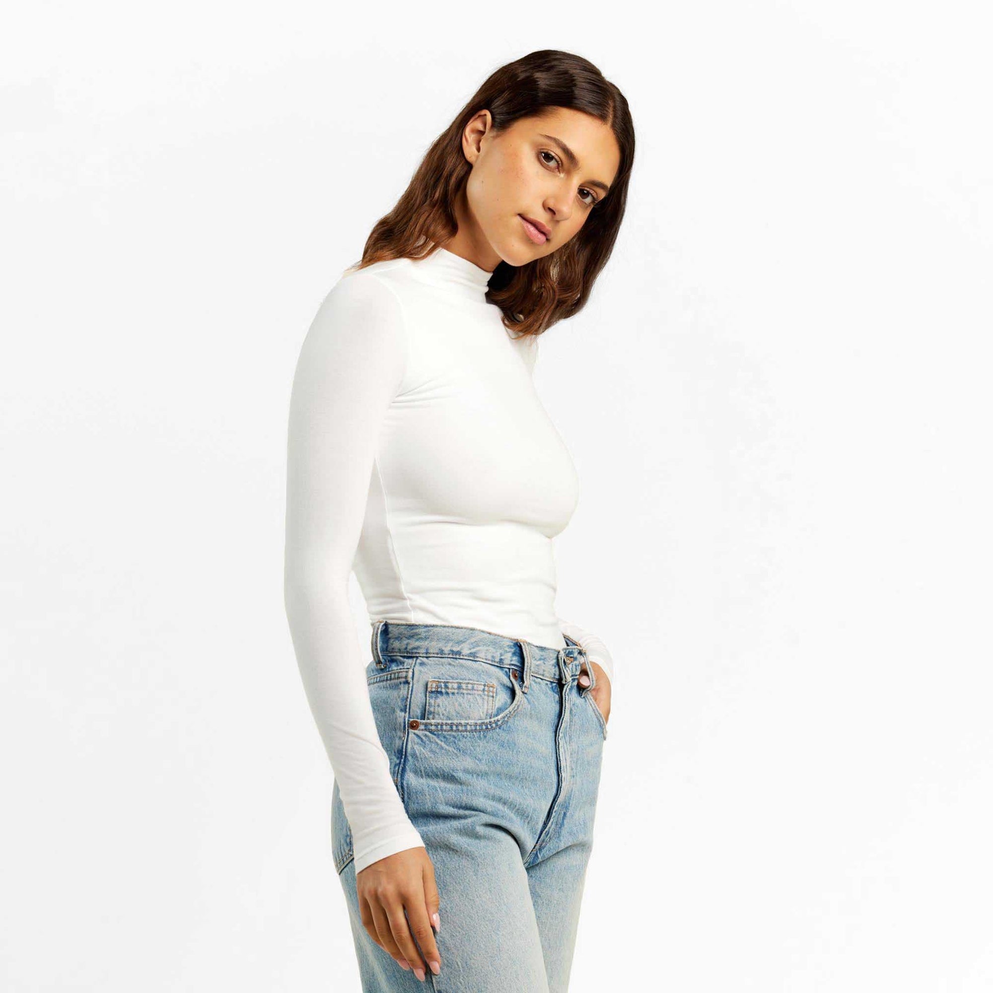 Cotton Stretch Long Sleeve Mock Neck Shirt