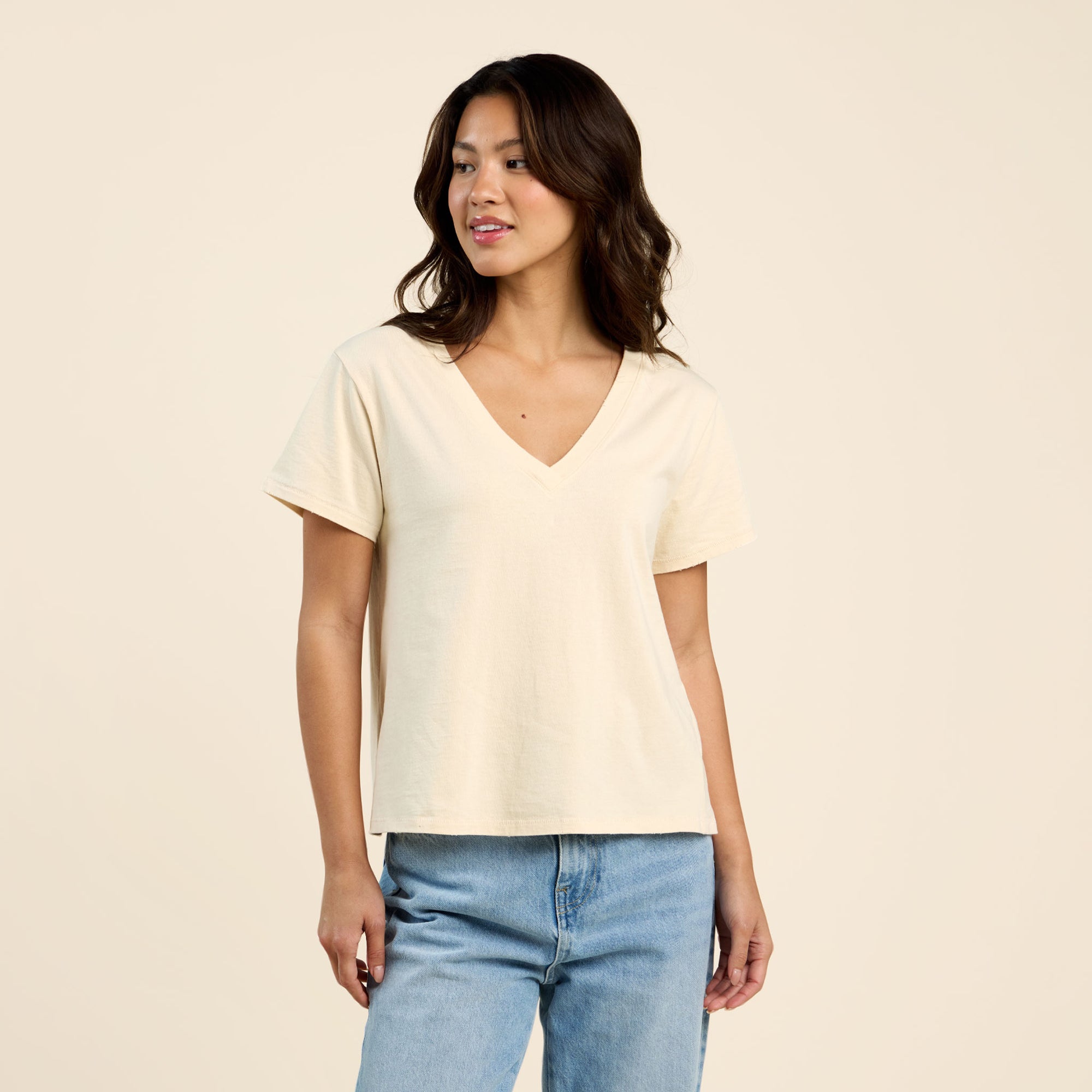 Vintage Cotton V-Neck Everyday T-Shirt | Bone